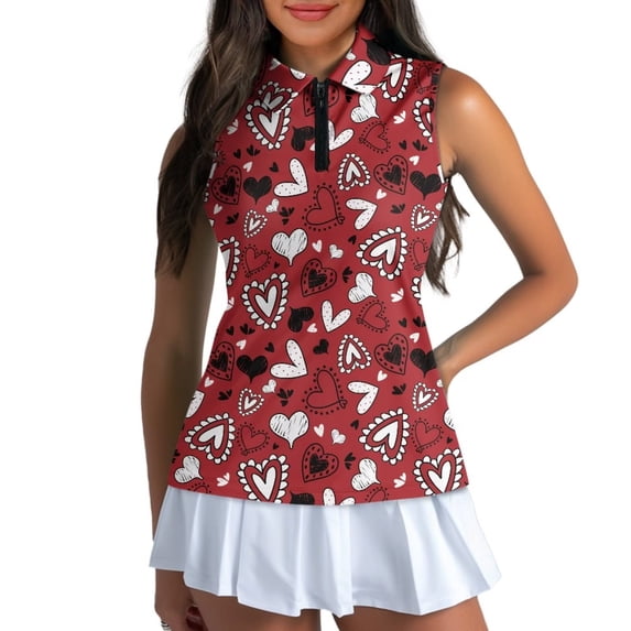 Uorisanigo Art Love Women's Golf Shirt Comfortable Washable Quick Dry Zip Up Workout Tennis Tops for Women Casual Sleeveless Outing Wear Size L