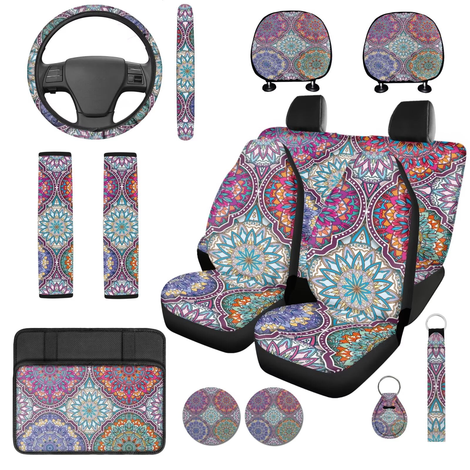 Uorisanigo Art Mandala 14 Pcs Car Seat Covers with Steering Wheel Cover,Seat Belt Covers Cup Holder with Keychain Automotive Protector Set Unverisal Fit Cars SUV Turcks