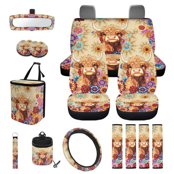 Uorisanigo Auto Accessories Set 15 PCS Includes Dahlia Highland Cow Pattern Front & Rear Seat Covers Car Wheel Cover Protector Seat Belt Pads Coaster Trash Can Air Vent Bag Rearview Cover Key Chains