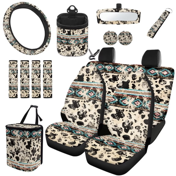 Uorisanigo Auto Seat Covers 15 PCS, Vintage Aztec Cow Print Car Seat Cover Full Set with Steering Wheel Cover Seat Belt Cover Pads Coasters Set Auto Trash Can Air Vent Pouch Rearview Cover Keychain