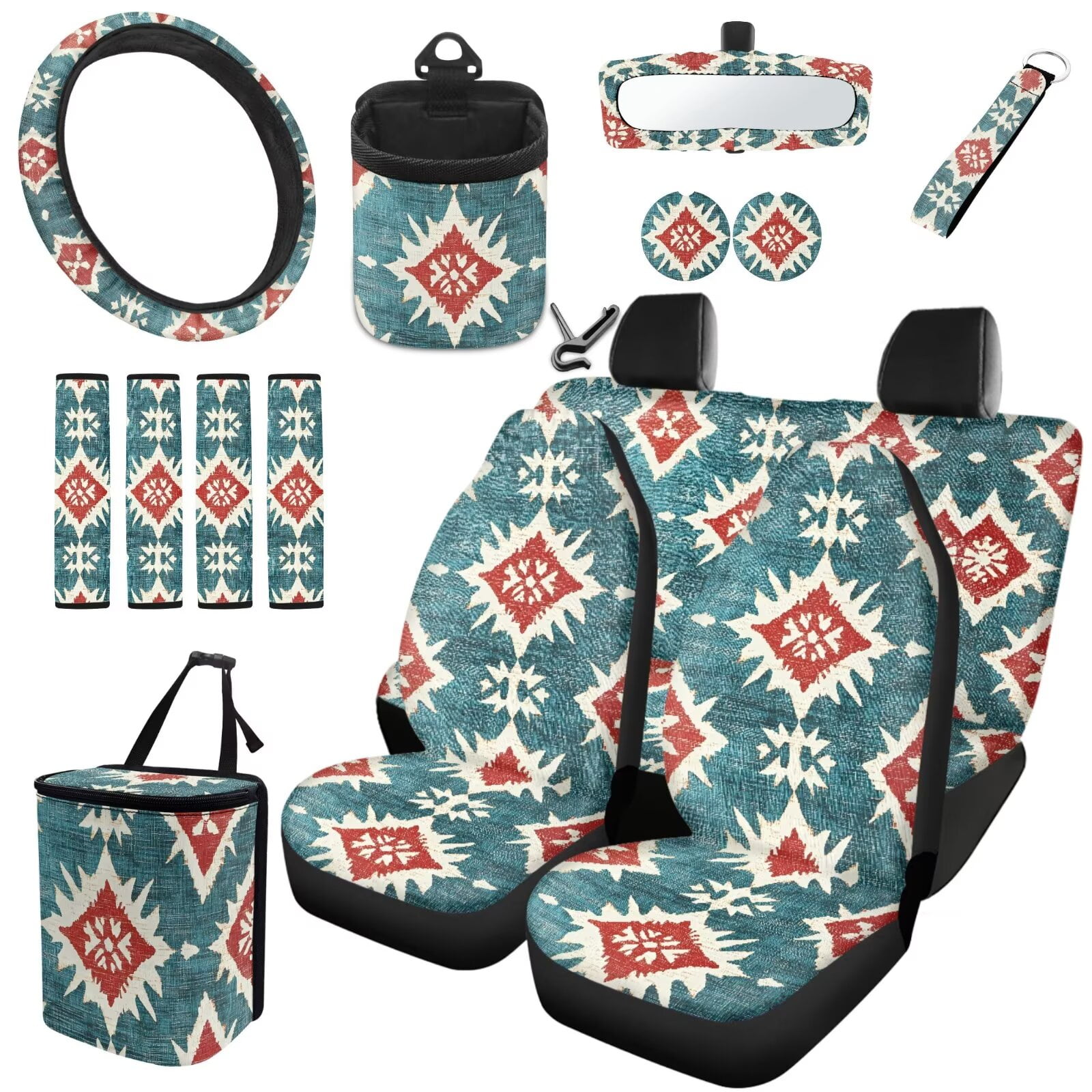 Uorisanigo Auto Seat Protector Cover Aztec Print Include Steering Wheel Covers Seat Belt Strap Pads Auto Trash Can Air Outlet Bag Rearview Cover Car Coasters Set Keychain, Pack of 15, Universal Fit
