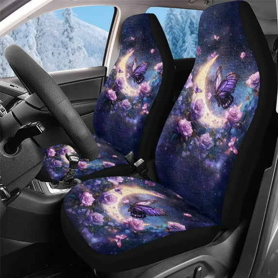 Uorisanigo Automotive Seat Covers, Moon Purple Butterfly Car Seat Cover Front for Cars, Blanket Cloth 2-Pack Car Seats Cushion, Front Seats Covers Fit for Most Cars SUV