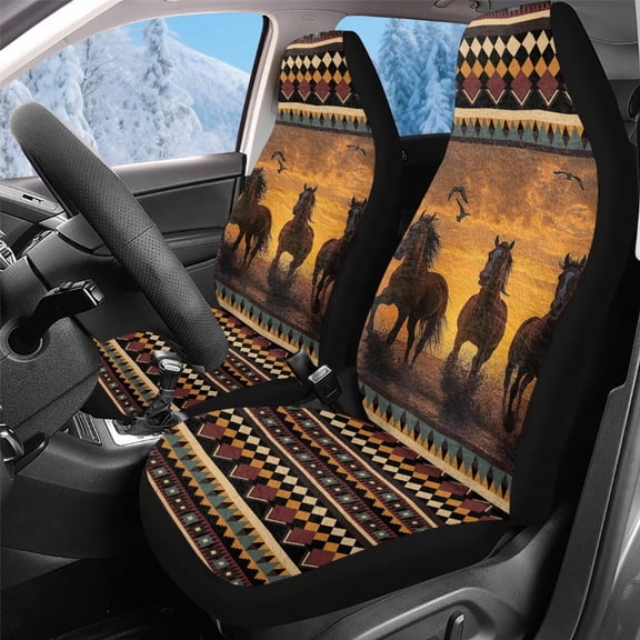 Uorisanigo Automotive Seat Covers for Trucks SUV, 2-Piece Universal Western Horse Tribal Aztec Front Seat Covers, Easy Installation Car Seats Cover Sets, Coral Velvet Fabric