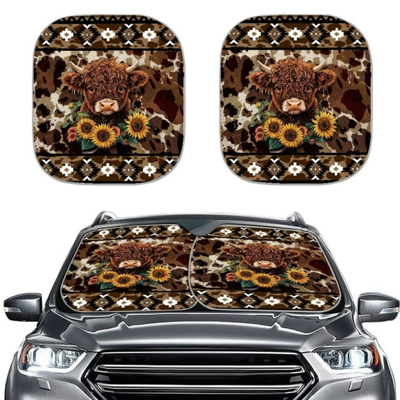 Uorisanigo Aztec Baby Highland Cow Sunflower Automative Car Sunshade Easy to Install 2 Pack Sun Visor for Car Windshield Anti-UV Sun Shield Reflector Shades Block Uv Rays Women Kids Men