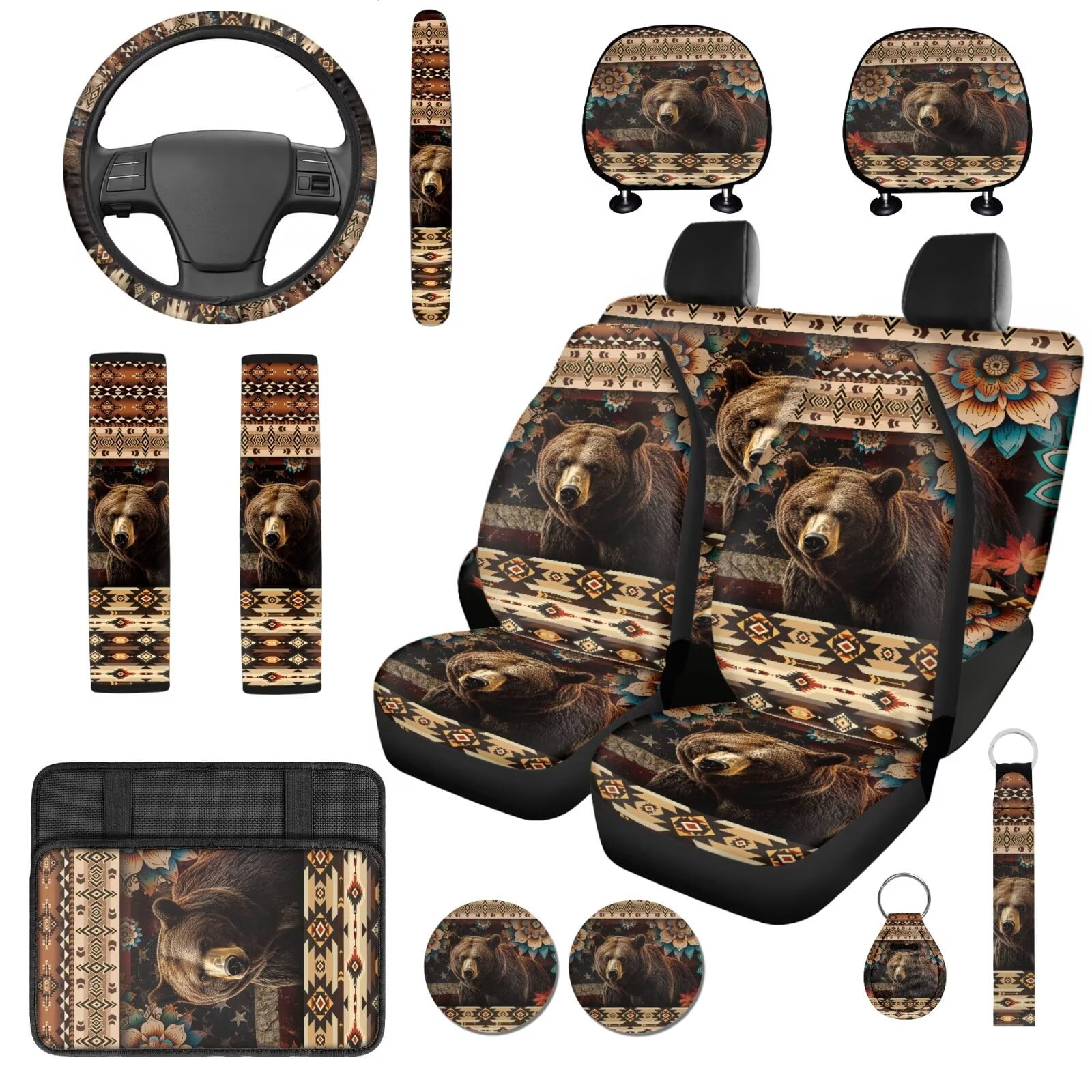 Uorisanigo Aztec Bear 14 Pieces Automotive Seat Cover Car Headrest Cover and Steering Wheel Cover Armrest Cover Auto Seat Belt Cover Water Cup Pad Comfortable Elastic Fit for Cars,SUVs