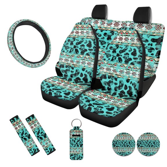 Uorisanigo Aztec Cow Pattern 10 Pieces Car Seat Covers Full Set Auto Seat Belt Cover with Steering Wheel Cover Auto Water Cup Pad Keychains Comfortable Breathable Auto Interior for Car SUV