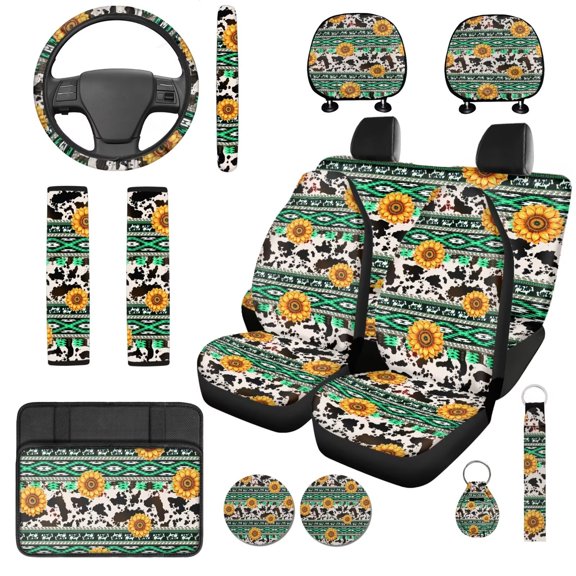 Uorisanigo Aztec Cow Print 14 Pack Automobile Seat Cover Sets Steering Wheel Cover and Cars Headrest Cover Car Console Cover Auto Seat Belt Cover Cars Keychain Soft Elastic Fit for Car SUV
