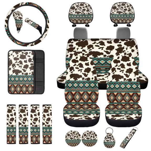 Uorisanigo Aztec Cow Print Car Seat Cover Set for Front and Rear Steering Wheel Wrap Seat Belt Shoulder Pads Armrest Cover Cushion Coasters Hand Brake Headrest Shift Knob Keychain,Pack of 18
