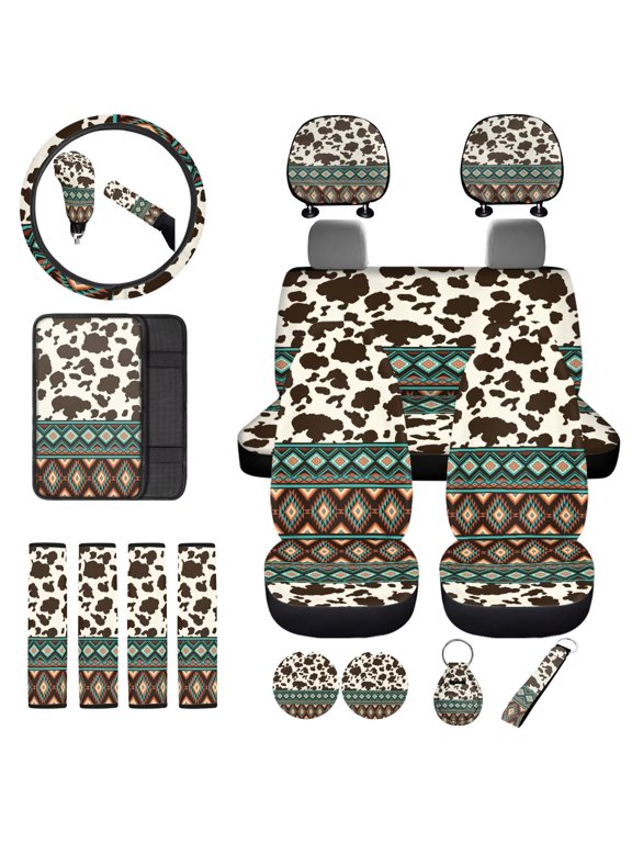 Aztec Cow Print Car Seat Cover Set for Front and Rear+Steering Wheel Wrap+Seat Belt Shoulder Pads+Armrest Cover Cushion+Coasters+Hand Brake+Headrest+Shift Knob+Keychain,Pack of 18