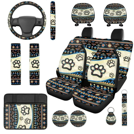 Uorisanigo Aztec Dog Paw 14 Pack Car Seat Covers Sets Steering Wheel Cover and Center Console Cover Soft Comfortable Car Headrest Cover Auto Seat Belt Cover Water Cup Pad for Car SUV