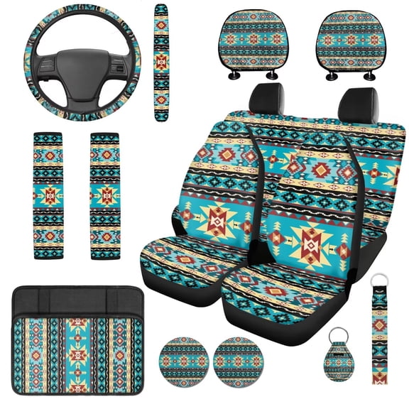 Uorisanigo Aztec Geometric 14 Pcs Automotive Seat Cover Car Console Cover Steering Wheel Cover Comfortable Cars Headrest Cover and Car Seat Belt Pad Cover Keychain Anti-slip for Cars SUVs