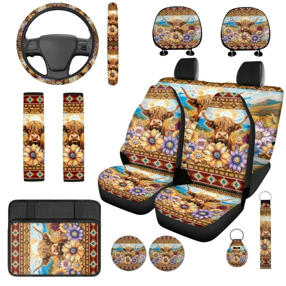 Uorisanigo Aztec Highland Cow 14 Pcs Car Seat Covers Full Set Steering Wheel Cover Auto Console Cover Cars Headrest Cover Auto Seat Belt Cover Keychain Elastic Easy Installation Fit Car SUV