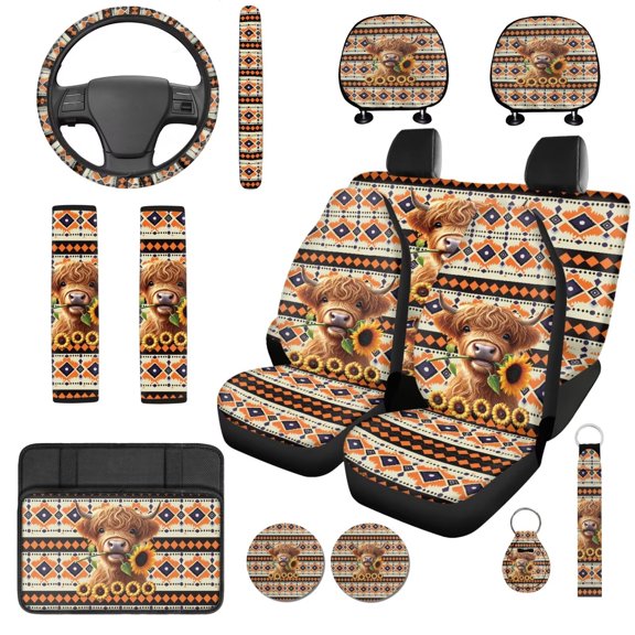 Uorisanigo Aztec Highland Cow 14 Pieces Car Accessories Set with Cars Seat Covers and Cars Headrest Cover Steering Wheel Cover and Console Cover Seat Belt Pads Keychain Soft Elastic Fit Car SUV