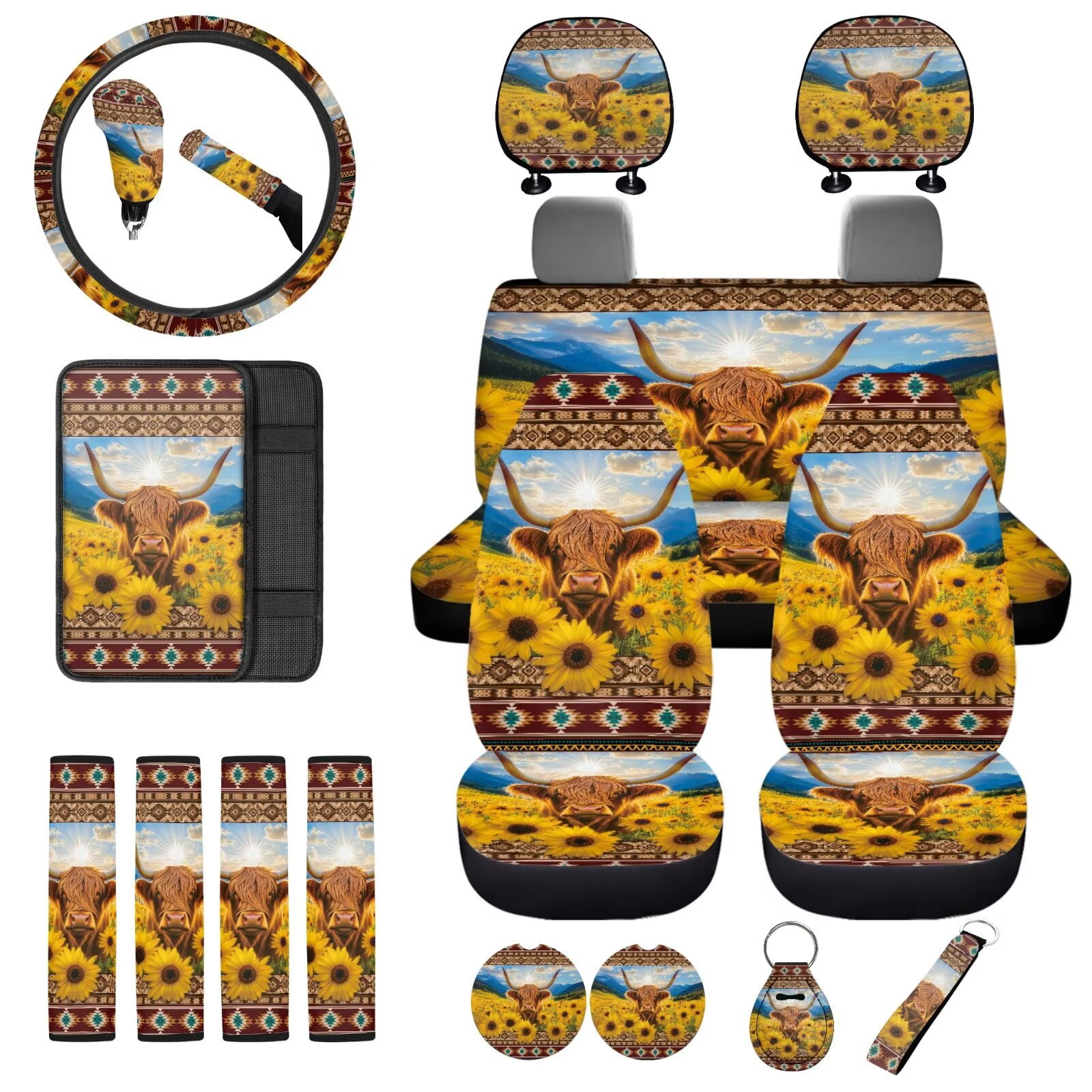 Uorisanigo Aztec Highland Cow 18 Pcs Front & Rear Seat Covers Full Set+Safety Seat Belt Pads+Steering Cover+Auto Armrest Covers+Headrest Cushion+Shift Knob Cover+Handbrake+Coasters+Keychain