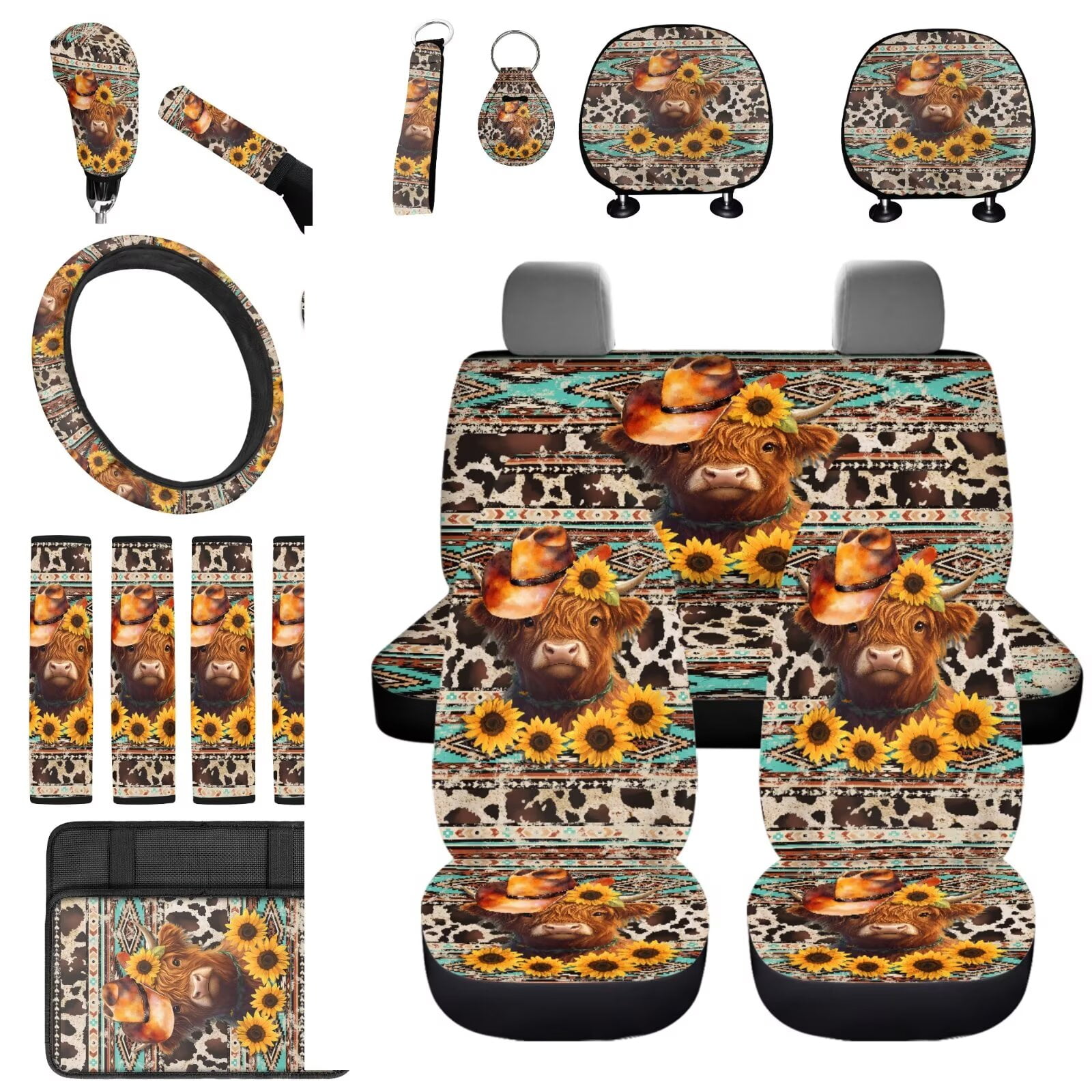 Uorisanigo Aztec Highland Cow Car Seat Covers Full Set Steering Wheel Cover Pack of 18 Universal Center Console Pad,Seat Belt Strap Pads,Hand Brake Headrest Gear Shift Cover,Coasters,Keychain