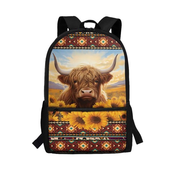 Uorisanigo Aztec Highland Cow Kids Backpack 17 Inch for Girls 10-12, Fashion Elementary Bookbag with Adjustable Padded Straps, Lightweight for Daily Use