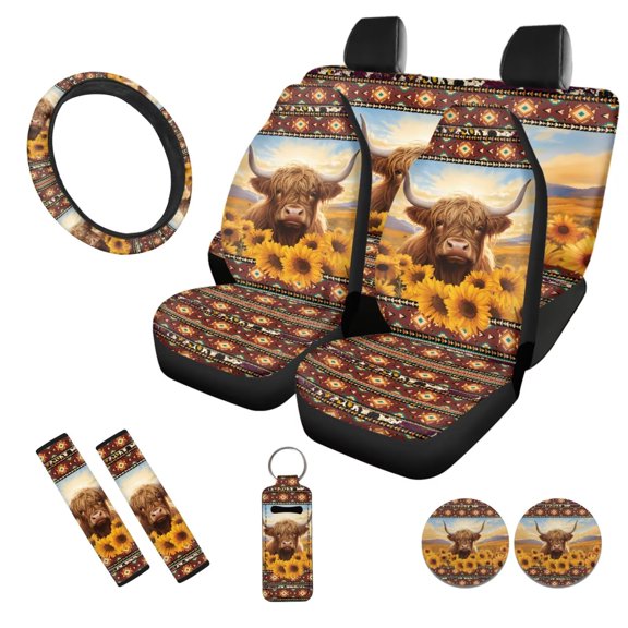 Uorisanigo Aztec Highland Cow Sunflower 10 Pack Car Seat Covers Sets with Cars Seat Belt Cover and Water Cup Coaster Steering Wheel Cover Keychains Soft Easy to Instal Elastic Fit for Car SUV