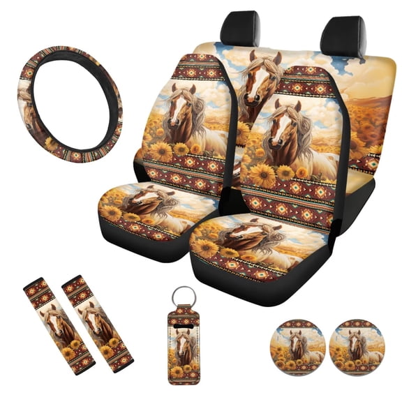 Uorisanigo Aztec Horse 10 Pack Auto Seat Cover Sets with Comfortable Decorative Car Steering Wheel Accessories and Auto Water Cup Pad Cars Seat Belt Pad Cover Keychains Suitable for Car SUV