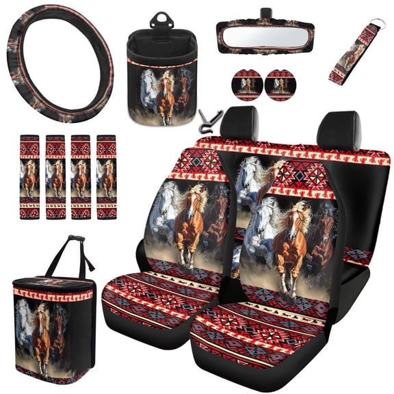 Uorisanigo Aztec Horse 15 Pack Car Accessories Set, Universal Car Seat Covers Steering Wheel Wrap Seat Belt Pad Trash Garbage Air Vent Car Organizer Rearview Mirror Cover Car Coaster Keychain