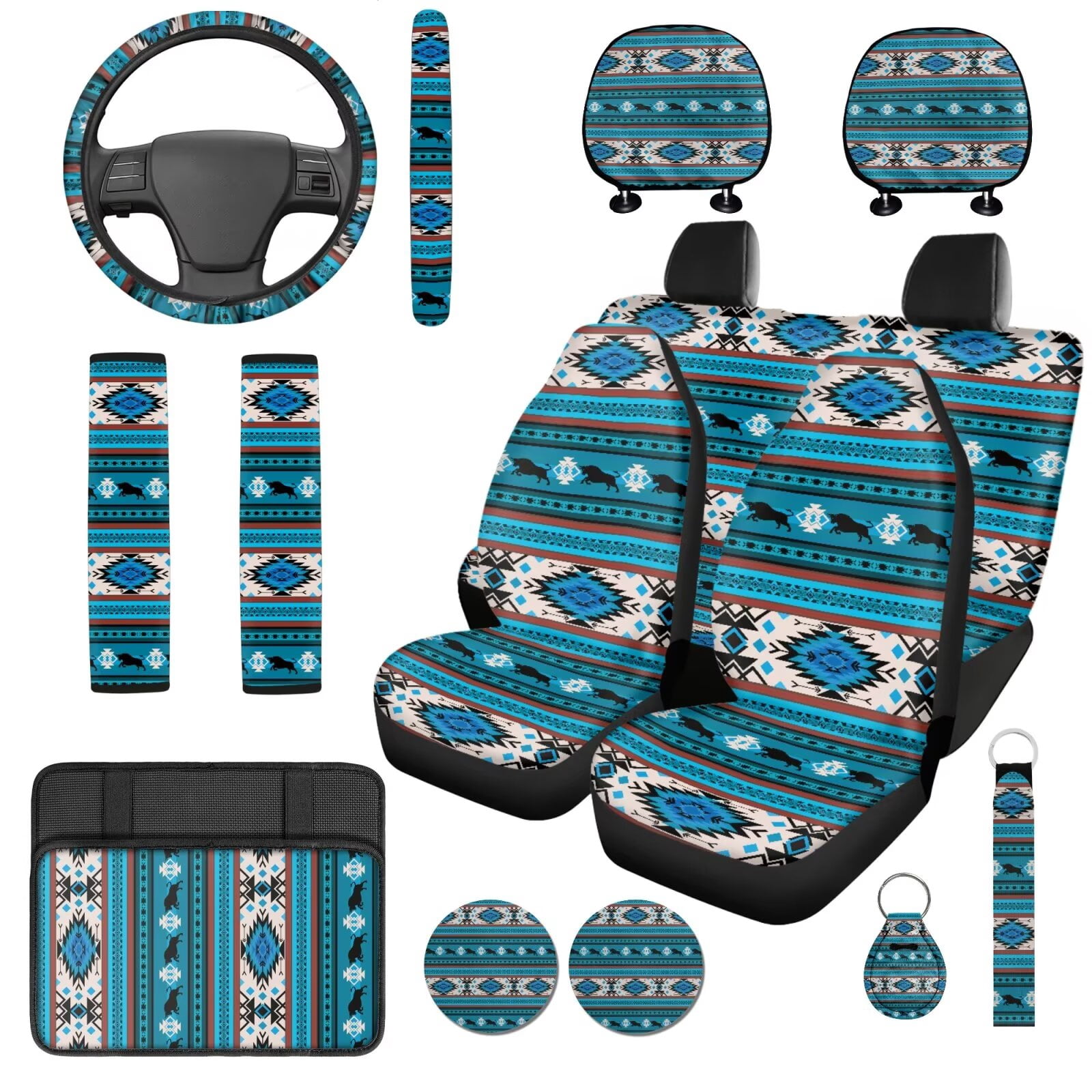 Uorisanigo Aztec Tribal 14 Pieces Auto Seat Covers Full Set with Cars Headrest Coverand Steering Wheel Cover Car Armrest Cover Cars Water Cup Coaster Keychain Elastic Anti-slip Fit for Car SUV