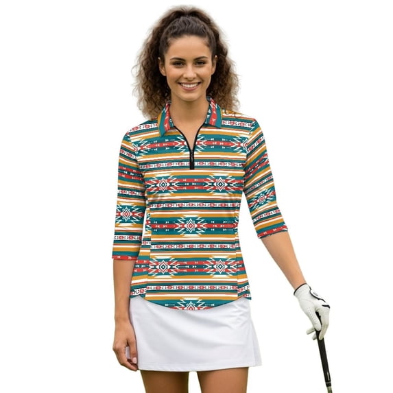 Uorisanigo Aztec Tribal Women's 3/4 Sleeve Golf Top Size M Comfortable Fashionable Quick Dry Athletic Polo Shirts with Zip Up Collar Versatile Tennis Tops Breathable for Women