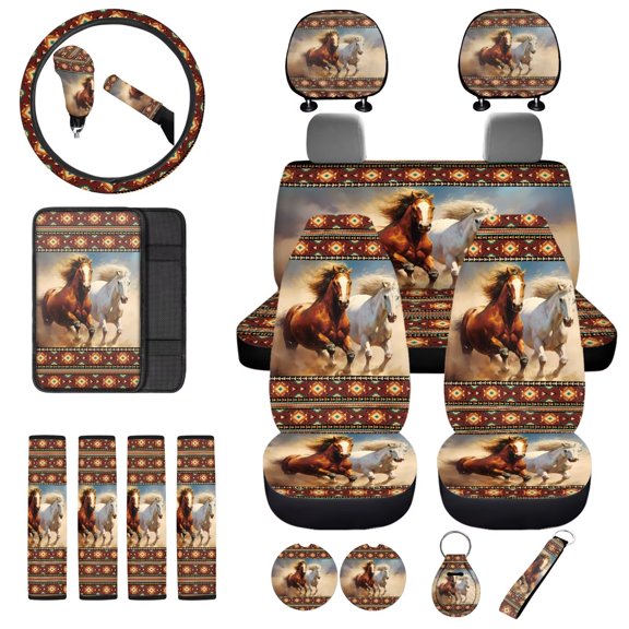 Uorisanigo Aztec Western Horse Car Seat Cover 18 Pack for Women Includes Car Coasters Steering Wheel Wrap Center Console Covers Seat Belt Cushion Auto Shift Knob Handbrake Covers Key Chains