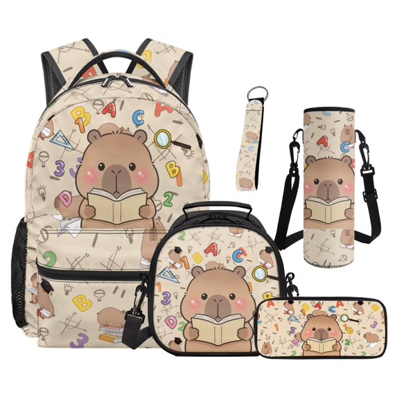 Uorisanigo Backpacks for Girls School Backpack Set for Kids Teens Junior Kawaii Capybara School Bag Set 5 in 1 Bookbag Daypack with Lunch Bag Box Pencil Case Water Bottle Sleeve Keychain Schoolbag