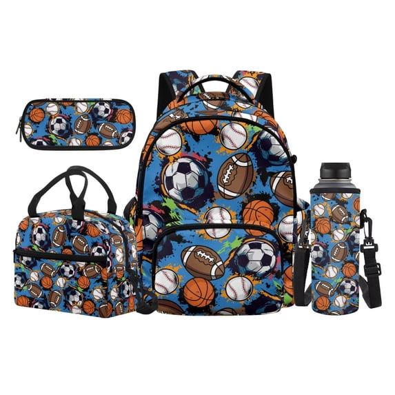 Uorisanigo Ball Print Backpack Set for Boys and Girls Large Capacity Primary School Shoulder Bag with Insulated Lunch Pouch Pencil Case and Water Bottle Bag