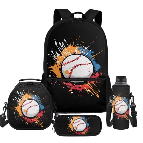 Uorisanigo Baseball Print School Backpack with Lunch Box Pencil Bag Pen Case Sports Bottle Cover, Set of 4, Large Capacity Travel Rucksack for Sports, Camping, Outdoor