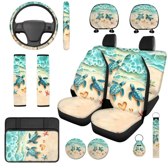 Uorisanigo Beach Turtle 14 Pack Car Seat Covers Sets Steering Wheel Cover and Center Console Cover Car Headrest Cover Auto Seat Belt Cover Water Cup Pad Keychain Soft Personalized Fit Car SUV