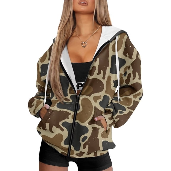 Uorisanigo Bear Hunter Camo Women Oversized Sweatshirts Warm Drop Shoulder Workout Sweatshirts with Pocket Lightweight Winter Fall Clothes Size 4XL