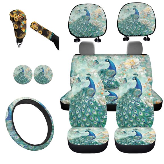 Uorisanigo Beautiful Peacock Car Front and Rear Cushion Covers for Cars Water CoasterGear Lever Cover+Hand Brake Cover Steering Wheel Cover Pillowcase UV Resistant Seat Covers 11 PCS