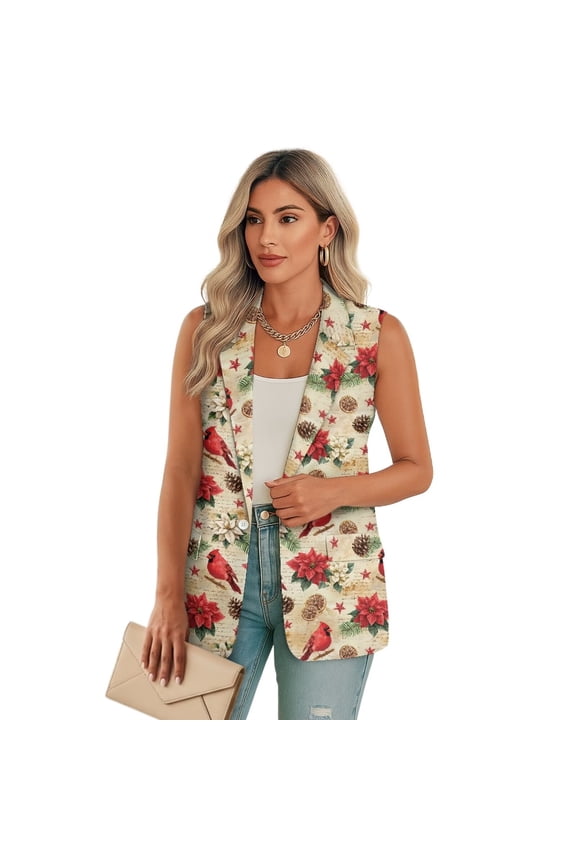 Bird Flower Christmas Women's Vest Jacket with Pockets Open Front Sleeveless Blazer Vest for Women Lightweight Waistcoat Vests Fashion Size 2XL