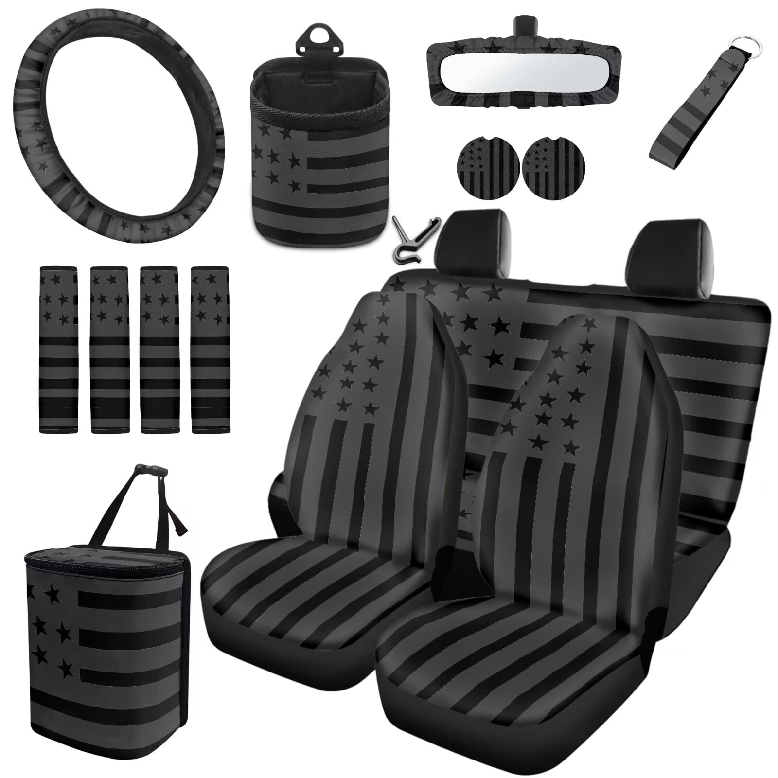Uorisanigo Black American Flag 15Pcs Car Seat Covers Font Rear Set with Steering Cover,Seatbelt Pads,Car Trash Bag,Air Vent Pouch,Key Chain,Rearview Mirror Cover,Coasters,Interior Accessories Set