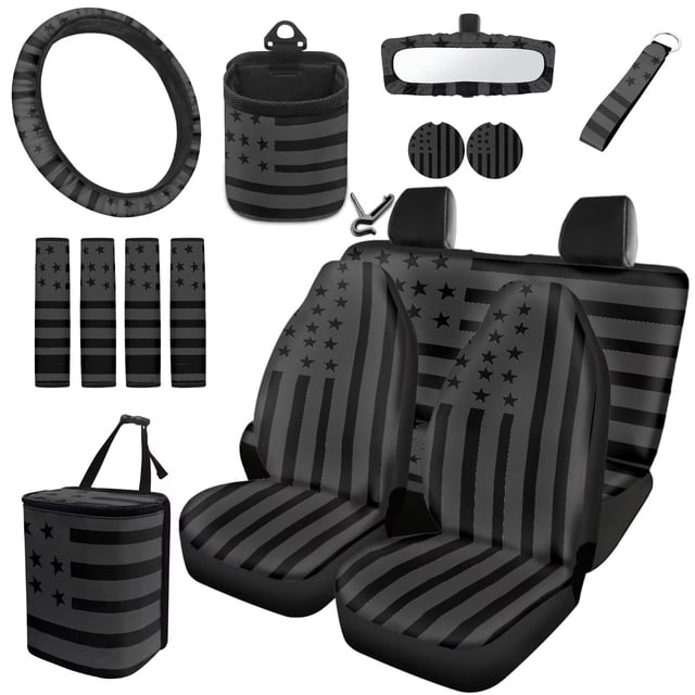Uorisanigo Black American Flag 15Pcs Car Seat Covers Font Rear Set with Steering Cover,Seatbelt Pads,Car Trash Bag,Air Vent Pouch,Key Chain,Rearview Mirror Cover,Coasters,Interior Accessories Set