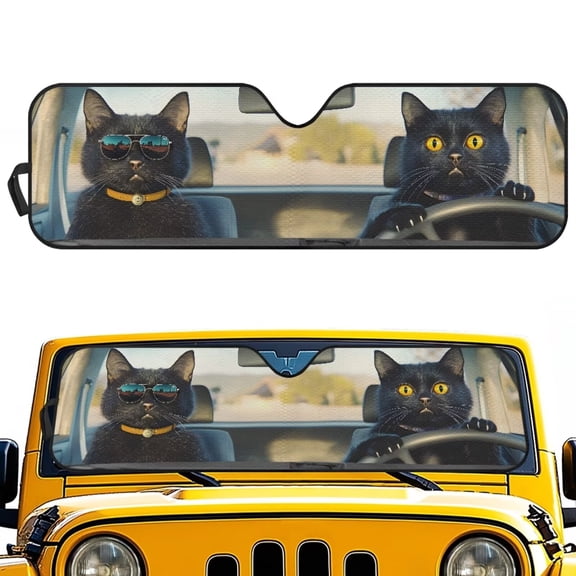 Uorisanigo Black Cat Print Windshield Sun Shade for Jeep, Front Window Sunshade for Jeep Wrangler TJ JK JL & Gladiator JT, Sun Shade Cover, Windshield Shades UV Ray & Heat Block
