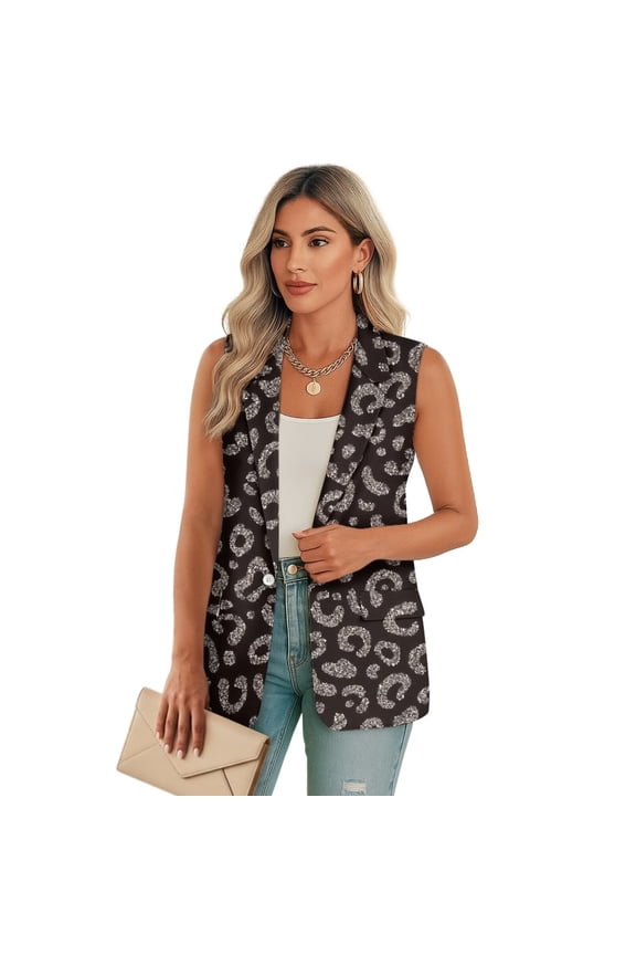 Black Leopard Print Womens Vest Waistcoat with Pockets Sleeveless Long Vest for Women Lightweight Button Down Vests Top Fashion Size 3XL
