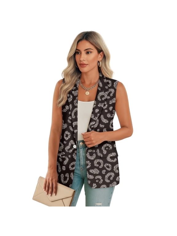 Black Leopard Print Womens Vest Waistcoat with Pockets Sleeveless Long Vest for Women Lightweight Button Down Vests Top Fashion Size S