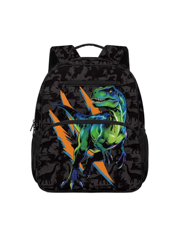 Black Neon T-Rex Kids Backpack for School Boys Elementary Bookbag Large Capacity Lightweight Daypack with Side Pocket for Travel Camping Outdoor