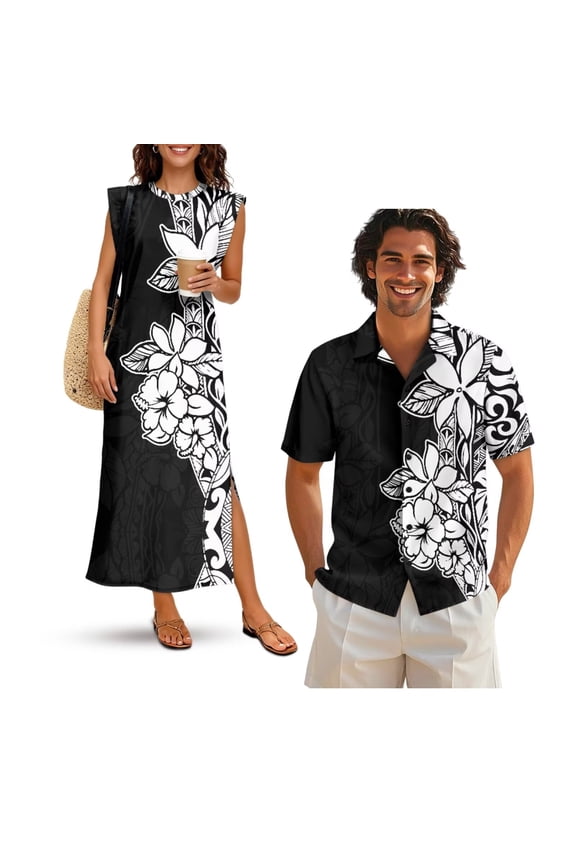 Black Polynesian Couple Matching Outfit Button-Down Shirt for Men Size 5XL Casual Workwear Beach Shirts and Womens Sleeveless Dress Casual Hawaiian Party Sundress