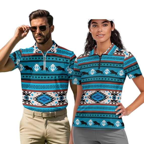 Uorisanigo Blue Aztec Matching Couple Outfits Golf Shirts for Men Women Short Sleeve Sports 1/4 Zip Summer Quick Dry Workout Shirts Quick-Dry Athletic Casual Stylish Collared Tops