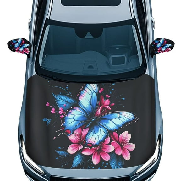 Uorisanigo Blue Butterfly Flower Car Hood Cover and Side Mirror Covers Protector Elastic Washable Car Cover Easy Installation Suitable Most Automotive Sedans Cars