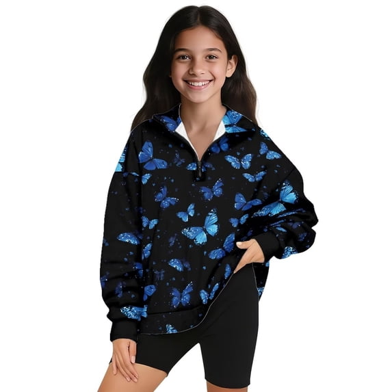 Uorisanigo Blue Butterfly Sweatshirt for Kids Fashion Girls Half Zip Sweatshirt Long Sleeve Pullover Crop Tops Soft Lightweight Oversized Sweatshirts Pullover Jackets Outerwear