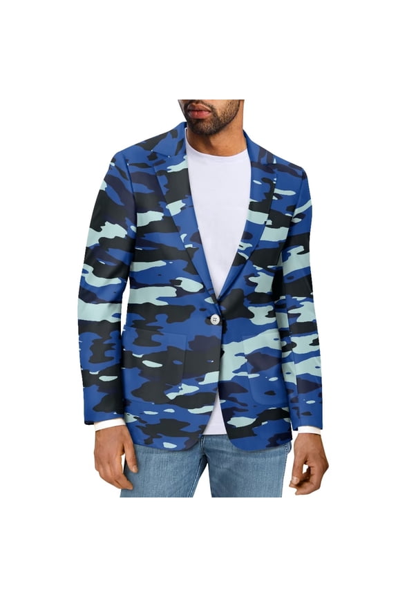 Blue Camouflage Men's Casual Blazer Comfortable Long Sleeve Men's Casual Blazers Sport Coats Stretch One Button Sport Coat Jacket Fashion Size 5XL