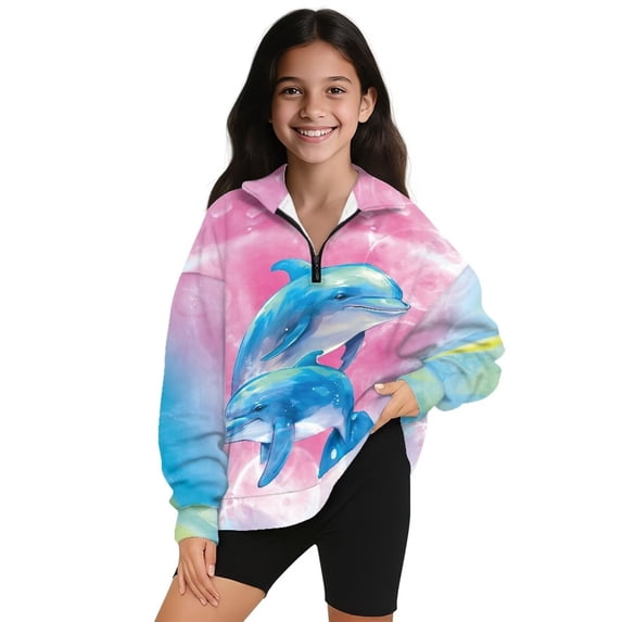 Uorisanigo Blue Dolphin Girls Half Zip Sweatshirt Oversized Long Sleeve Pullover Crop Tops School Drop Shoulder Pullover Top Fall Fashion Outfits Clothes Quarter-Zip Jacket Shirts