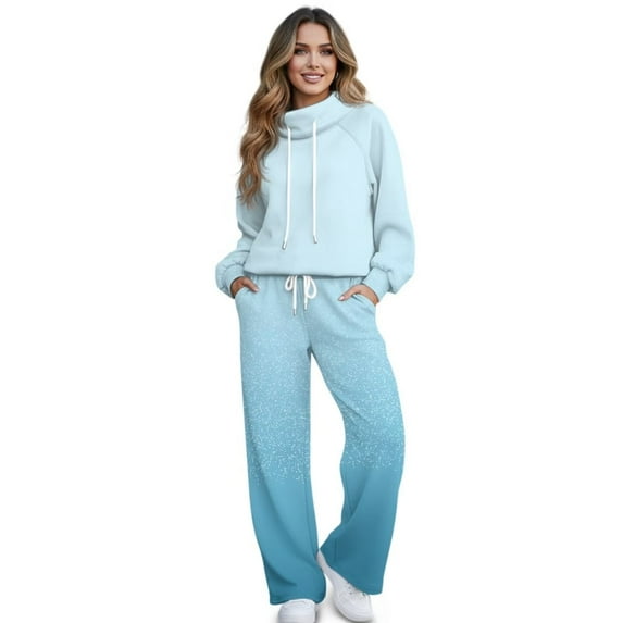 Uorisanigo Blue Gradient Mock Neck Sweatshirt with Wide Leg Sweatpants Matching Set Lounge Sets for Women Tracksuit 2 Piece Fall Outfits Drawstring Activewear Oversized Jogging Suit