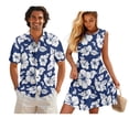 thumbnail image 1 of Uorisanigo Blue Hibiscus Couple Matching Outfit Men's Button Down Shirt Size L Summer Workwear Hawaiian Tops and Womens Sleeveless Dress A-Line Elastic Waist Beach Vacation Sundress, 1 of 8