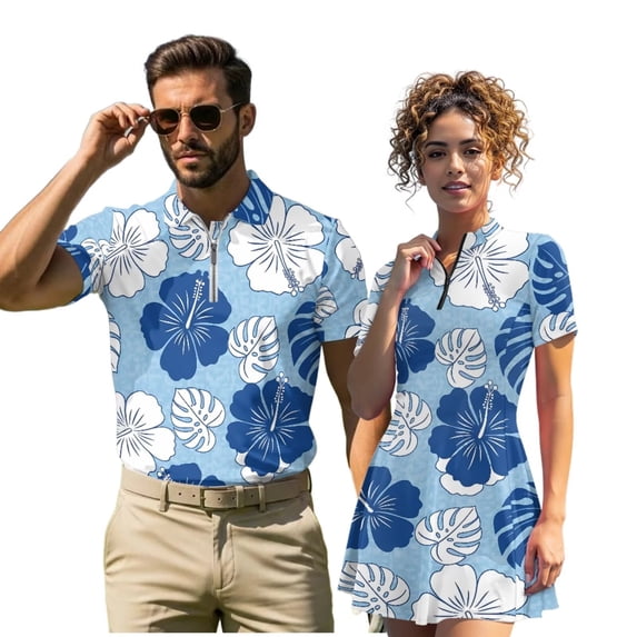 Uorisanigo Blue Hibiscus Couple Matching Outfit Mens Golf Shirts Size S Quick Dry Short Sleeve Shirts for Athletic Workout and Womens Golf Dress with Shorts Zip Tennis Dress