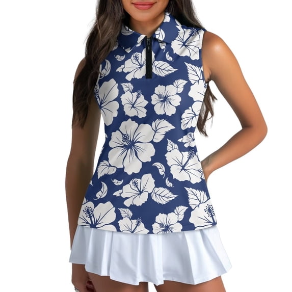 Uorisanigo Blue Hibiscus Women's Golf Shirt Size 2XL Casual Relaxed Hiking Running Workout Tops for Women Sleeveless Quarter Zip Pullover for Workout Sports