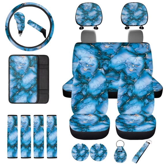 Uorisanigo Blue Marble Print Interior Accessories 18Pcs,Front Back Seat Cover Full Set Seat Belt Pads Steering Cover Car Coasters Center Console Pad Headrest Gear Shift Hand Brake Covers Keychain